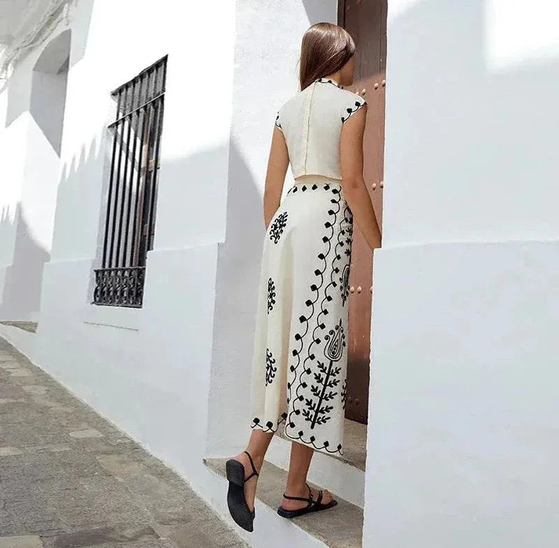Print Cropped Top High Waist Lace up Vacation Style Skirt Two Piece Set