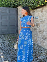 Print Cropped Top High Waist Lace up Vacation Style Skirt Two Piece Set
