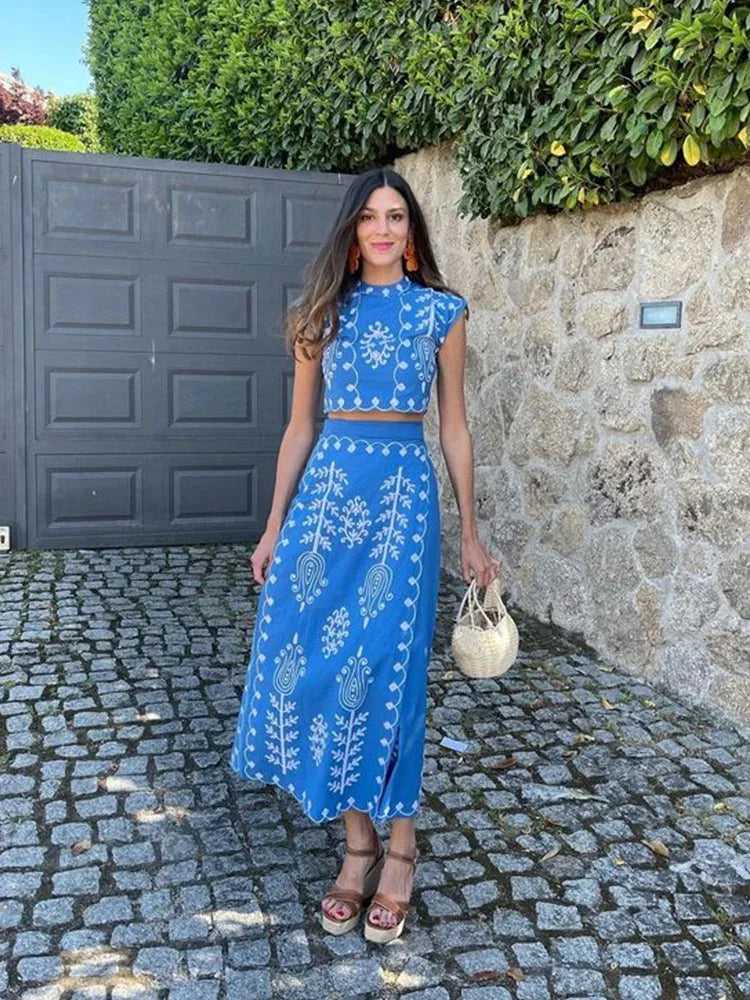 Print Cropped Top High Waist Lace up Vacation Style Skirt Two Piece Set