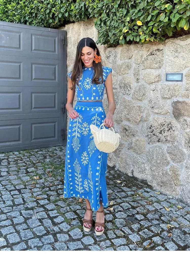 Print Cropped Top High Waist Lace up Vacation Style Skirt Two Piece Set