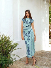 Print Cropped Top High Waist Lace up Vacation Style Skirt Two Piece Set