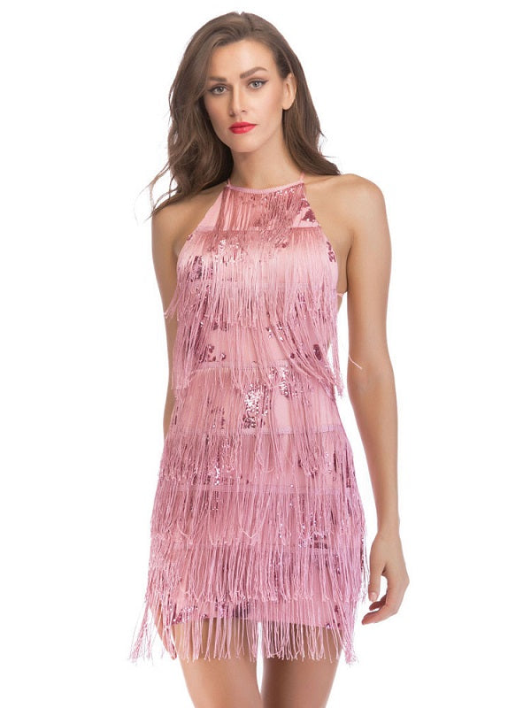 Print Halter Outfits Backless Short Warp Tassel Dress