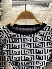 Print Knit Warm Sleeve O Neck Sweater Dress