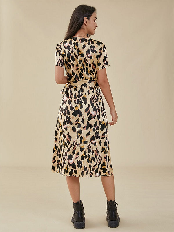 Print Knotted Slit Cross Front V-neck Western Retro Dress