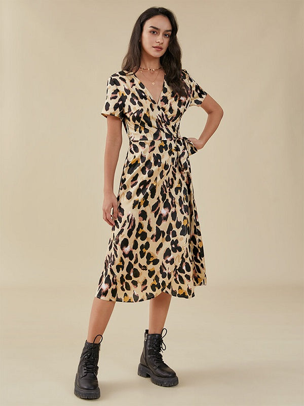 Print Knotted Slit Cross Front V-neck Western Retro Dress