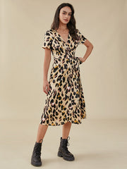 Print Knotted Slit Cross Front V-neck Western Retro Dress