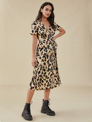 Print Knotted Slit Cross Front V-neck Western Retro Dress