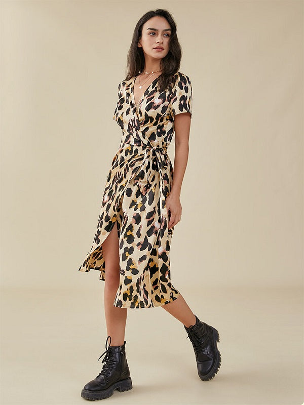 Print Knotted Slit Cross Front V-neck Western Retro Dress