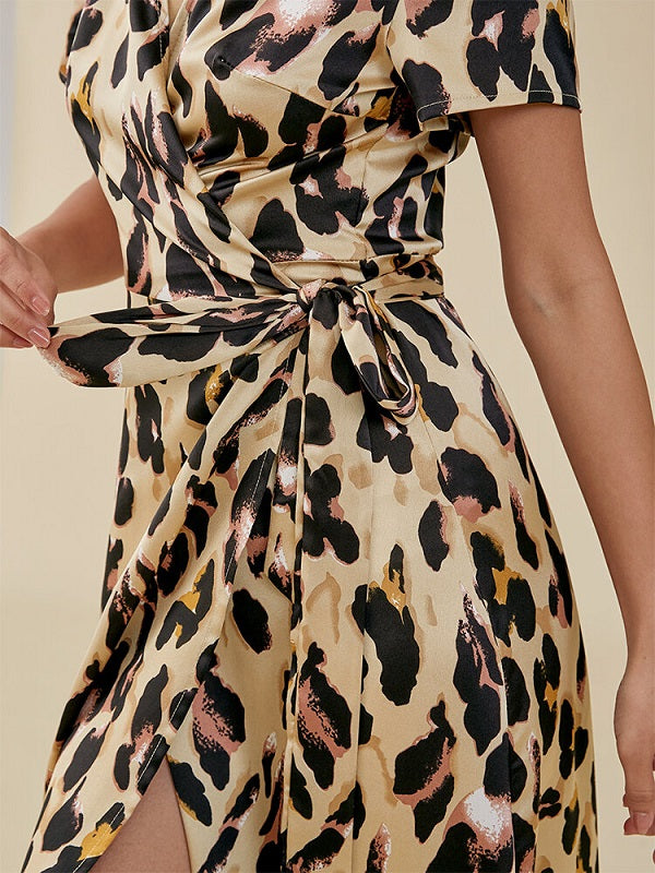 Print Knotted Slit Cross Front V-neck Western Retro Dress