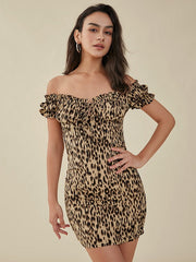 Print Off Shoulder Knot Western Retro Mini Dress