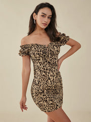 Print Off Shoulder Knot Western Retro Mini Dress