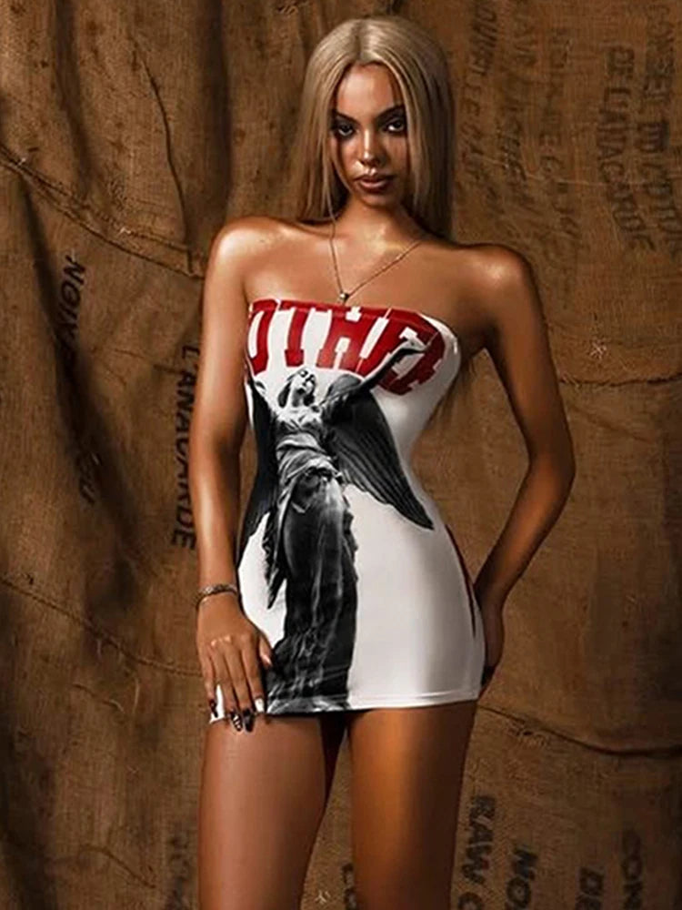 Print Off Shoulder Sleeveless Backless Skinny Peach Hip Mini Dress
