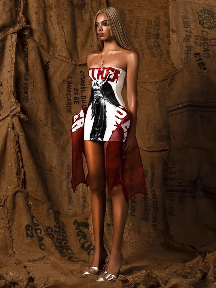 Print Off Shoulder Sleeveless Backless Skinny Peach Hip Mini Dress