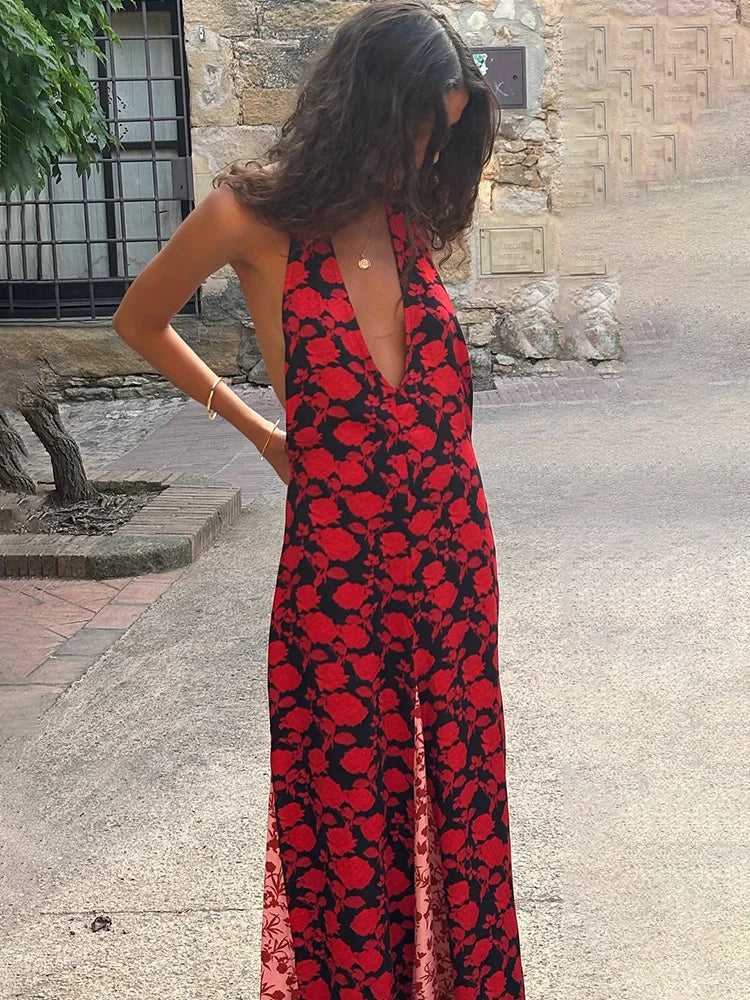 Print Halter Backless Sleeveless Evening Party Maxi Dress