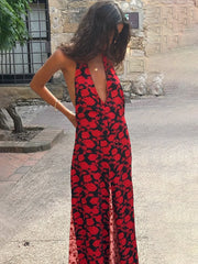 Print Halter Backless Sleeveless Evening Party Maxi Dress