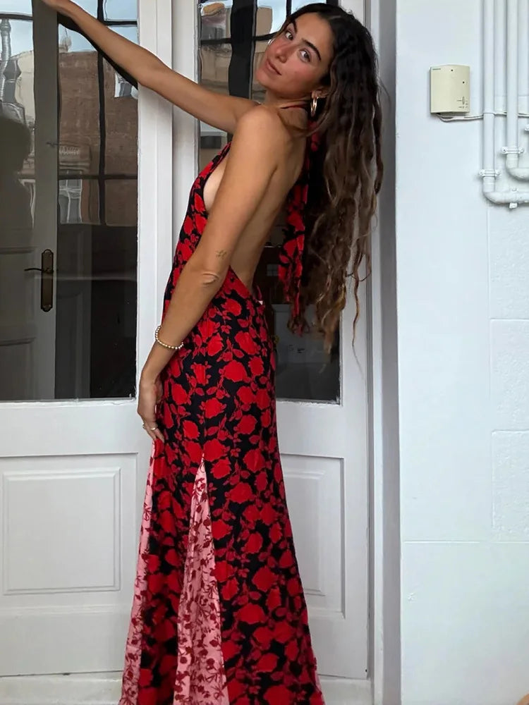 Print Halter Backless Sleeveless Evening Party Maxi Dress