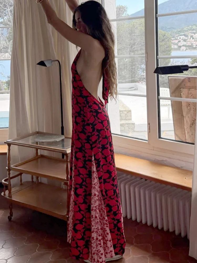 Print Halter Backless Sleeveless Evening Party Maxi Dress