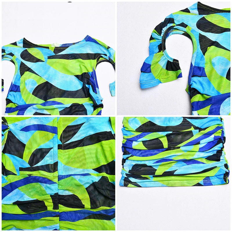 Print Ruched O Neck Bodycon Elegant Party Mini Dress