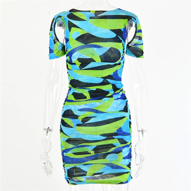 Print Ruched O Neck Bodycon Elegant Party Mini Dress