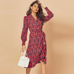 Print Ruffle Lantern Sleeve V Neck Midi Dresses
