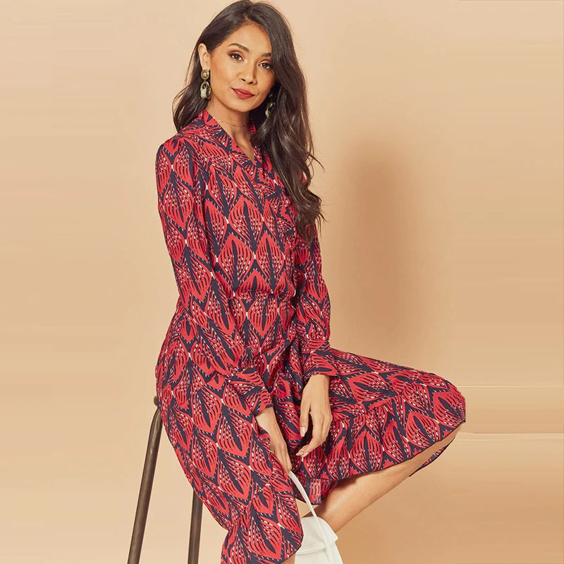 Print Ruffle Lantern Sleeve V Neck Midi Dresses