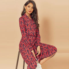 Print Ruffle Lantern Sleeve V Neck Midi Dresses