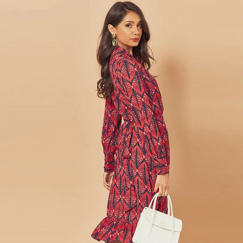 Print Ruffle Lantern Sleeve V Neck Midi Dresses