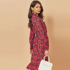 Print Ruffle Lantern Sleeve V Neck Midi Dresses