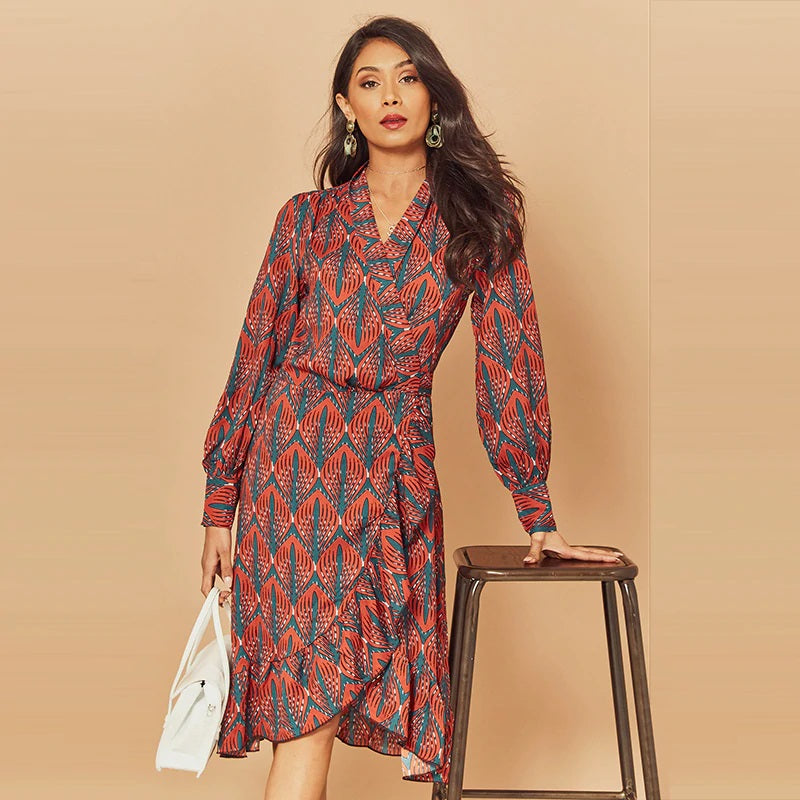 Print Ruffle Lantern Sleeve V Neck Midi Dresses