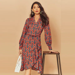 Print Ruffle Lantern Sleeve V Neck Midi Dresses