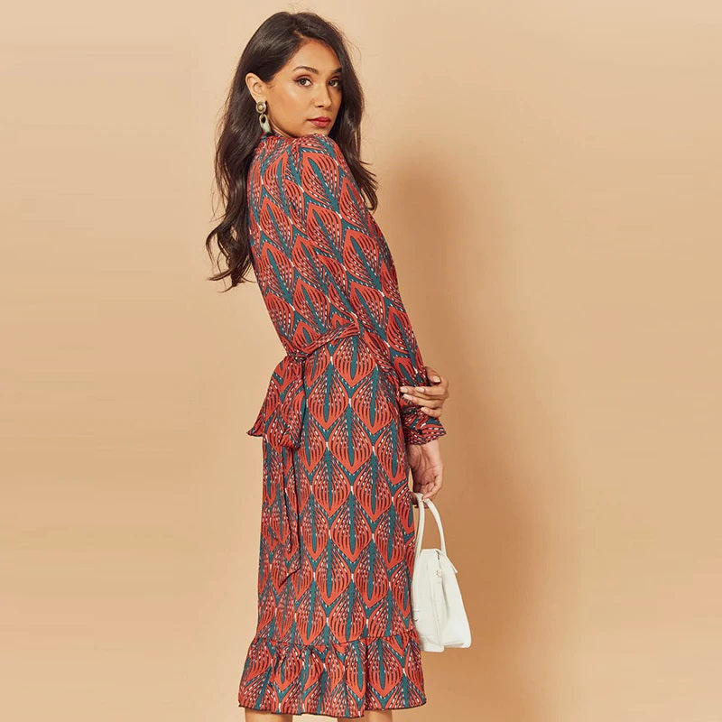 Print Ruffle Lantern Sleeve V Neck Midi Dresses