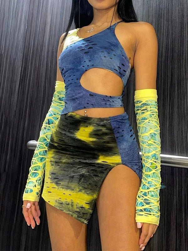 Print Set Tank Top Hollow Irregular Party Clubwear