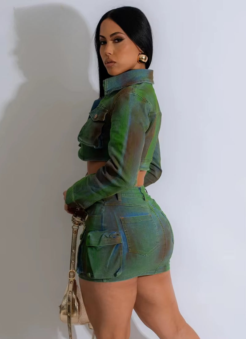 Print Stretch Denim Long Sleeve Crop Top Jacket and Pockets Mini Skirts Two Piece Sets
