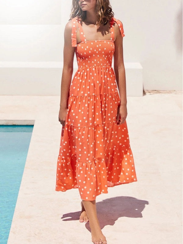 Print Tie Up Strap Elastic Beach Long Dress