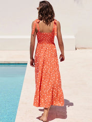 Print Tie Up Strap Elastic Beach Long Dress