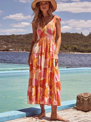 Print Tie Up Strap Elastic Beach Long Dress