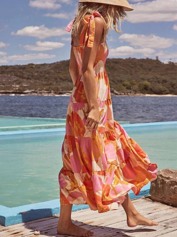 Print Tie Up Strap Elastic Beach Long Dress