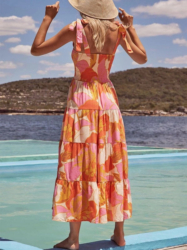 Print Tie Up Strap Elastic Beach Long Dress