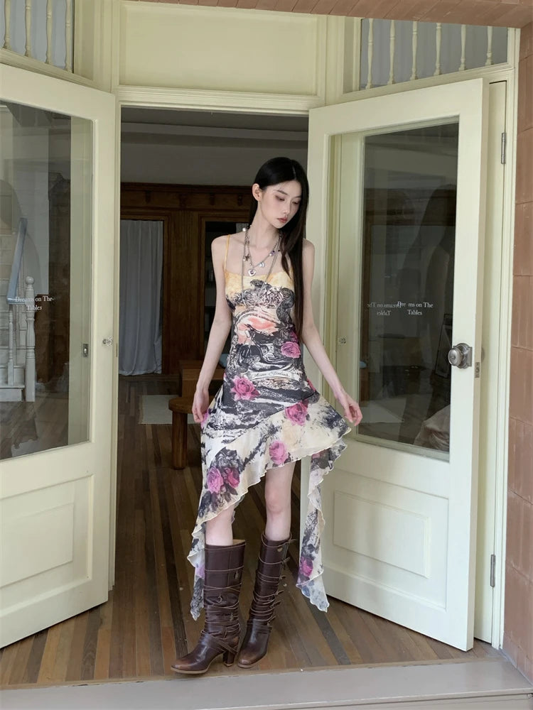 Printed Backless Sleeveless Asymmetrical High Slip Dress