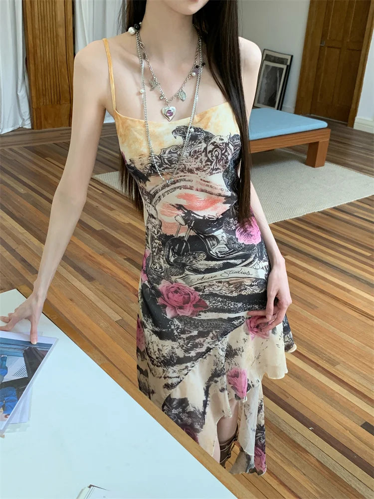 Printed Backless Sleeveless Asymmetrical High Slip Dress