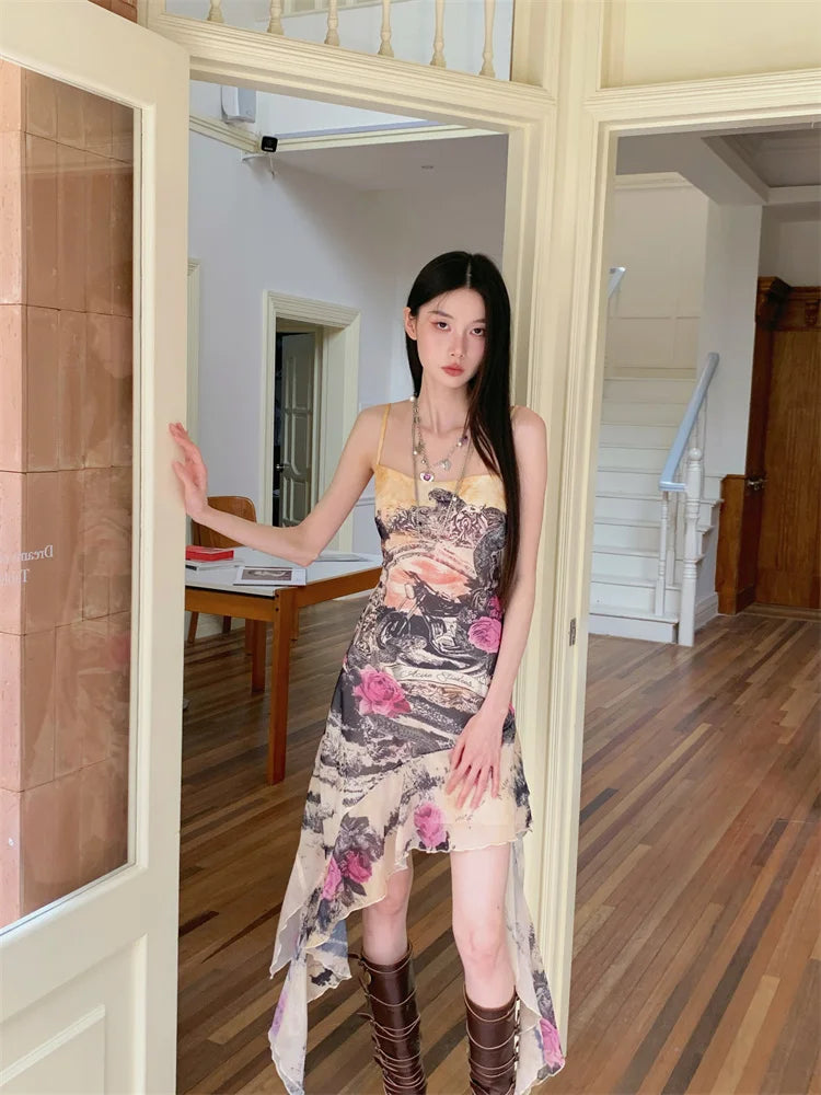 Printed Backless Sleeveless Asymmetrical High Slip Dress
