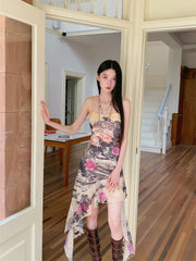 Printed Backless Sleeveless Asymmetrical High Slip Dress
