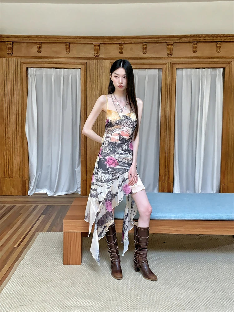 Printed Backless Sleeveless Asymmetrical High Slip Dress