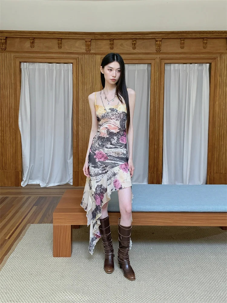 Printed Backless Sleeveless Asymmetrical High Slip Dress