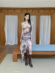 Printed Backless Sleeveless Asymmetrical High Slip Dress