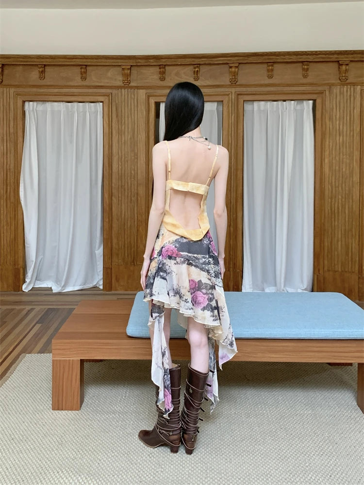 Printed Backless Sleeveless Asymmetrical High Slip Dress