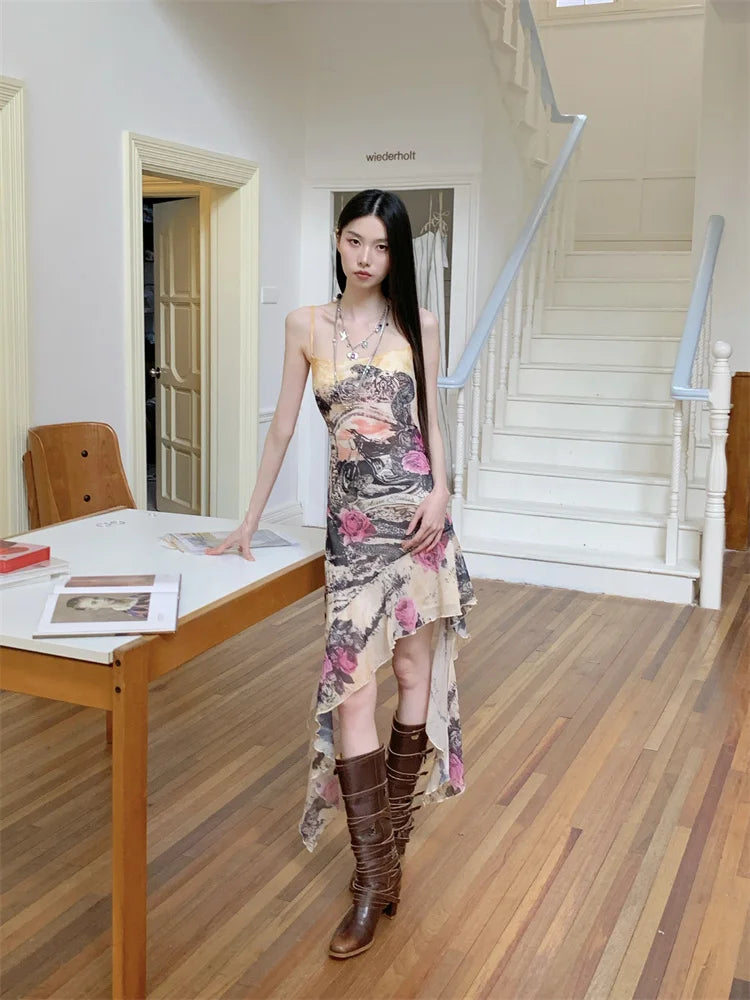 Printed Backless Sleeveless Asymmetrical High Slip Dress