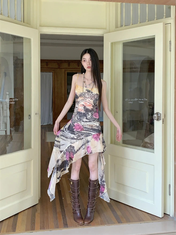 Printed Backless Sleeveless Asymmetrical High Slip Dress