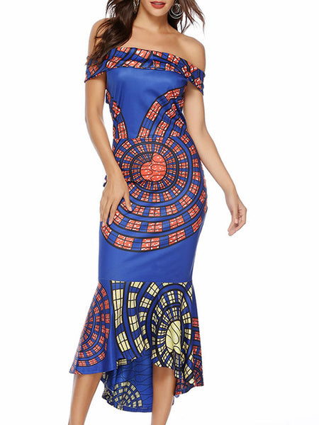 Printed Bateau Neck Ruffles Open Shoulder Casual Sleeveless Pencil Dress