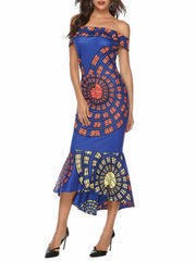 Printed Bateau Neck Ruffles Open Shoulder Casual Sleeveless Pencil Dress